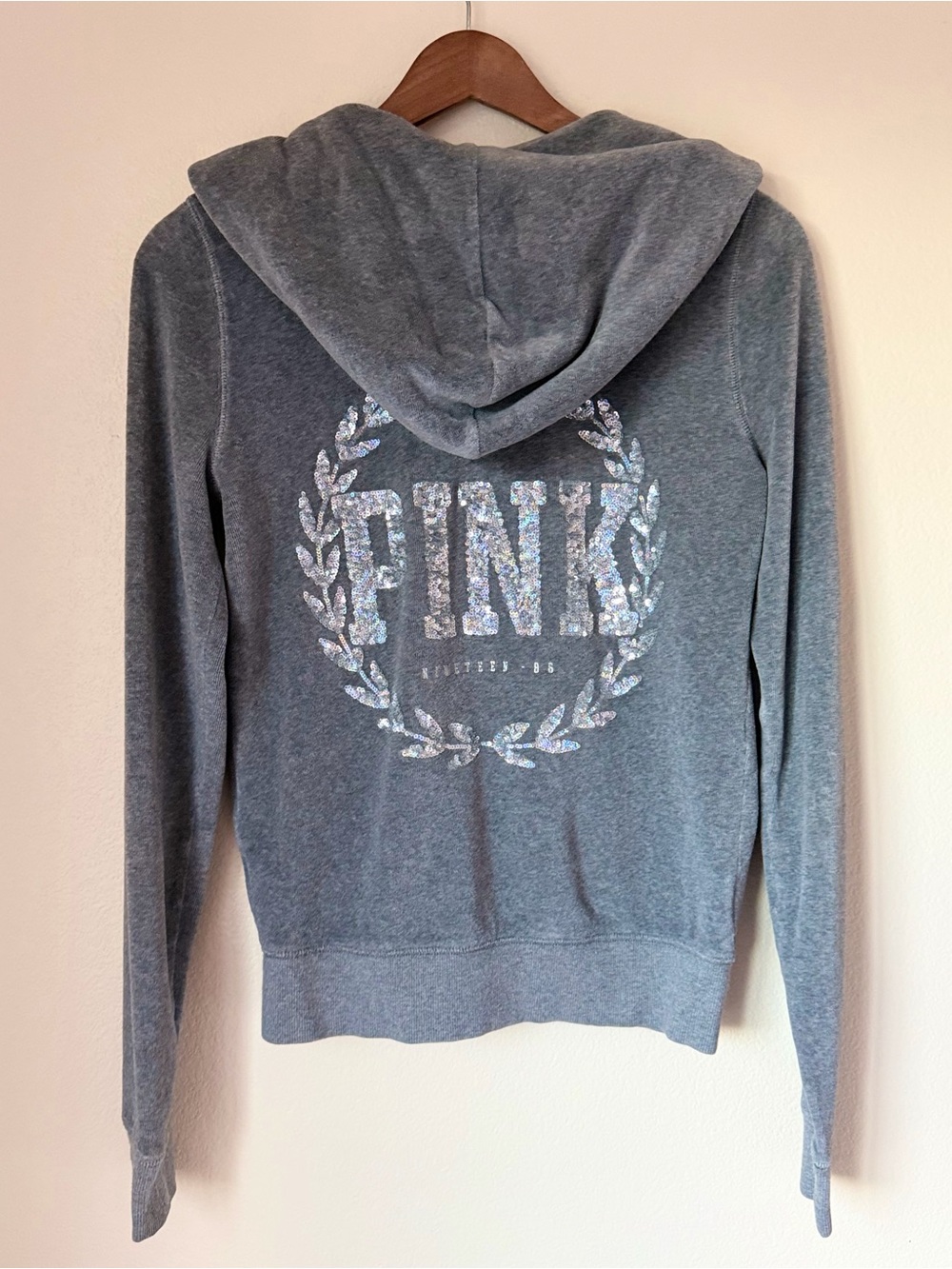 Victoria’s Secret PINK Zip Up Hoodie Y2K Bling Sequin Gray Velour 2013 Size XS